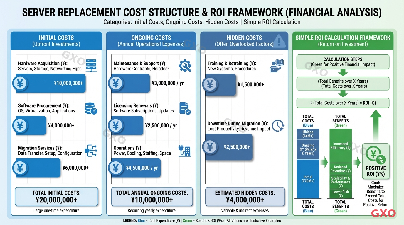 サーバー更改のコスト構成と投資対効果 Professional infographic showing server replacement cost structure with three main categories: initial costs (hardware, software, migration), ongoing costs (maintenance, licensing, operations), and hidden costs (training, downtime during migration). Also includes a simple ROI calculation framework. Clean financial analysis style with yen symbols and bar charts, blue and green color scheme.