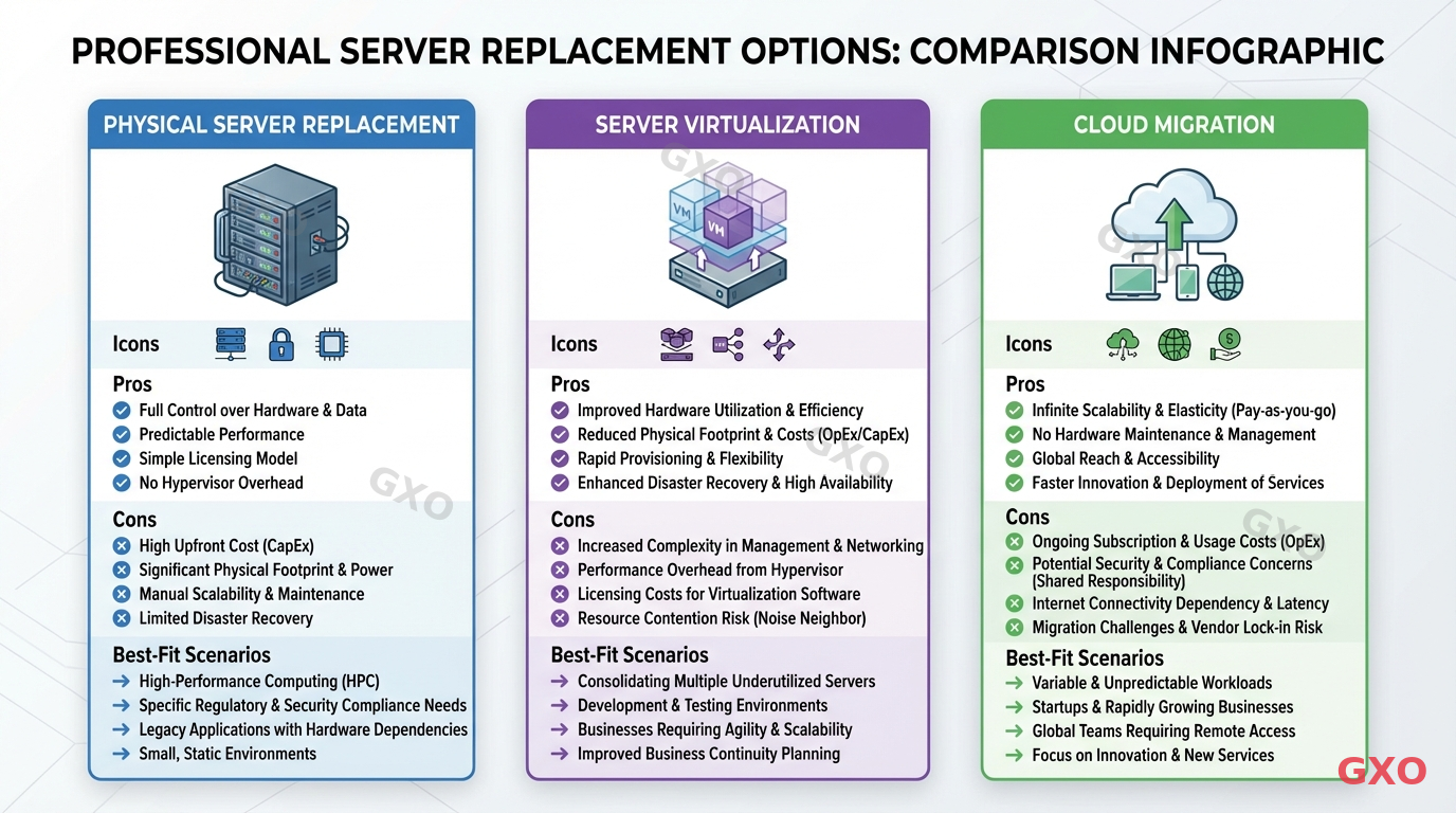 サーバー更改の3つの選択肢比較 Professional comparison infographic showing three server replacement options side by side: physical server replacement (left), server virtualization (center), and cloud migration (right). Each option displayed as a card with icons, pros, cons, and best-fit scenarios. Clean three-column layout with distinct color coding: blue for physical, purple for virtual, green for cloud.