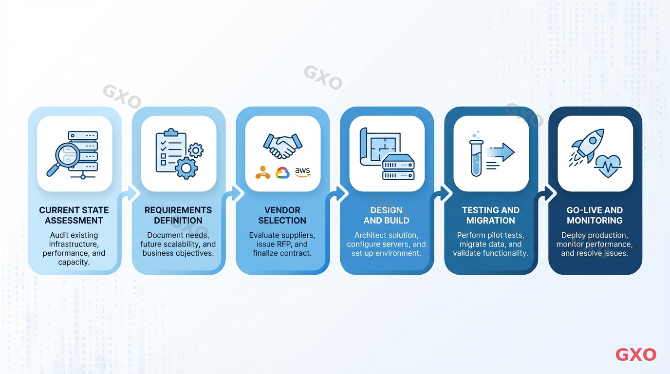 サーバー更改プロジェクトの全体フロー Clean modern illustration showing a horizontal project timeline with six phases of server replacement: 1) current state assessment, 2) requirements definition, 3) vendor selection, 4) design and build, 5) testing and migration, 6) go-live and monitoring. Each phase shown as a connected step with icons and brief descriptions. Professional project management visual style with blue gradient progression.