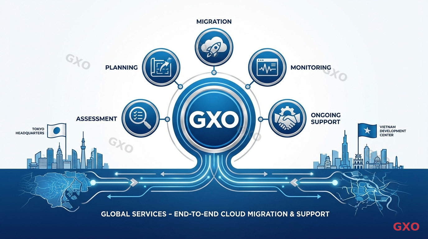 GXOのサーバー更改・クラウド移行支援 Professional illustration showing GXO's server replacement and cloud migration support services. Central GXO logo surrounded by service icons: assessment, planning, migration, monitoring, and ongoing support. Connected workflow showing end-to-end project support from Tokyo headquarters and Vietnam development center. Corporate blue and white color scheme with professional trust-building visual style.