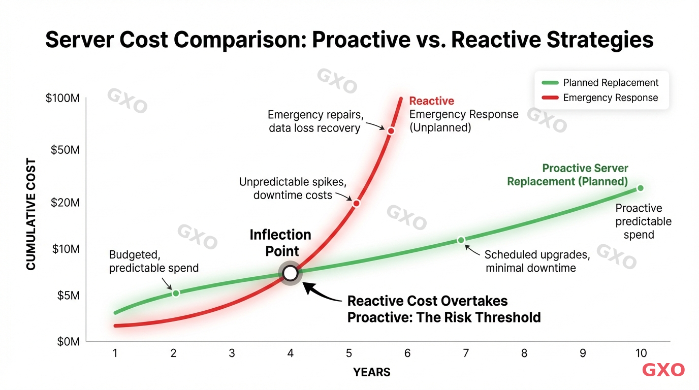 更改の先送りによるコスト増加の比較 Clean infographic showing two cost curves over time: one for proactive server replacement (gradual, controlled) and one for reactive emergency response (steep, exponential). X-axis shows years, Y-axis shows cumulative cost. Key inflection point marked where reactive cost overtakes proactive cost. Green for planned replacement, red for emergency response. Professional chart style with clear annotations.