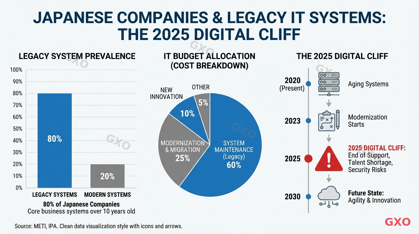 日本企業のレガシーシステム保有状況 Professional infographic displaying statistics about Japanese companies and legacy IT systems, showing a bar chart with 80% of companies having legacy systems, a cost breakdown pie chart showing IT budget allocation, and a timeline showing the 2025 digital cliff concept. Clean corporate design with blue and grey color scheme, data visualization style.