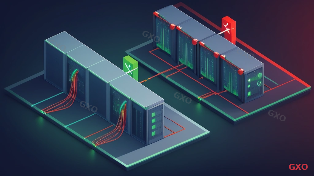 Clean modern illustration showing two network switch stacks connected in redundant configuration. Left side shows single point of failure scenario with red X mark, right side shows dual switch resilient design with green checkmarks. Arrows indicating failover path. Professional network diagram style with blue and green tones.
