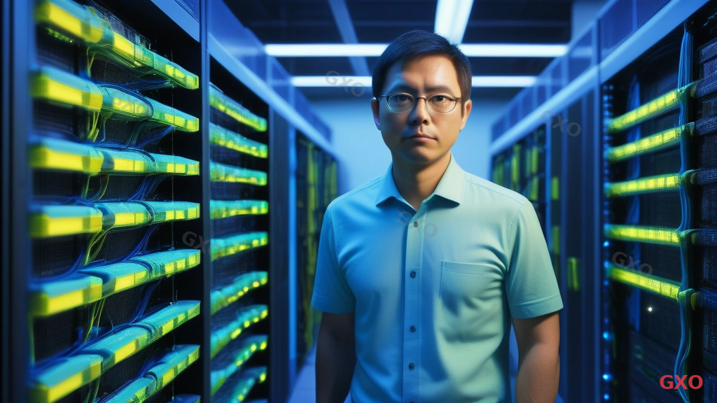 Photo-realistic image of a modern enterprise server room with neatly organized network racks, multiple Cisco switches with blinking green LED lights, structured cabling in blue and yellow, a Japanese IT engineer (male, 40s, wearing a polo shirt) inspecting switch connections on a rack. Cool blue ambient lighting, clean professional environment, highlighting enterprise network infrastructure reliability and organization.