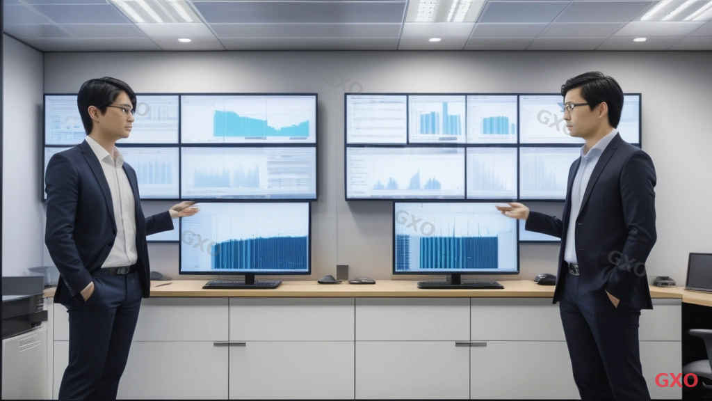 Photo-realistic image of a mid-sized Japanese company office with modern network infrastructure. IT team (2 people, mixed gender, 30s-40s) reviewing network monitoring dashboard on a large screen showing improved uptime metrics. Background shows a clean server closet with new Cisco switches installed. Warm professional lighting, atmosphere of successful IT modernization.