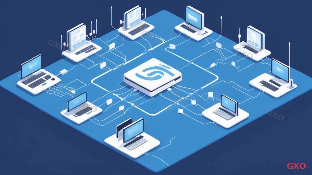 Clean modern illustration showing OSI Layer 2 switching concept, with MAC address table in the center, Ethernet frames flowing between connected devices (PCs, IP phones, printers). Arrows indicating frame forwarding based on MAC addresses. Blue and white color scheme, technical but easy to understand diagram style.