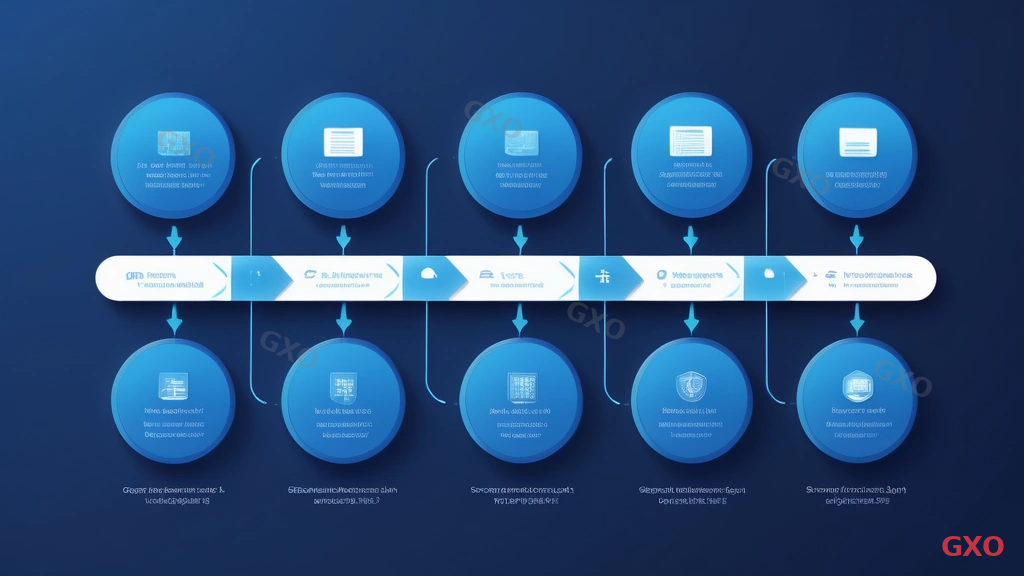 Clean modern illustration showing a horizontal timeline of Catalyst 9200L deployment steps: Step 1 Requirements gathering, Step 2 Model and license selection, Step 3 Procurement, Step 4 Physical installation, Step 5 Initial configuration, Step 6 Testing and verification, Step 7 Go-live. Each step represented by an icon in a connected flow. Progressive color gradient from light blue to dark blue.