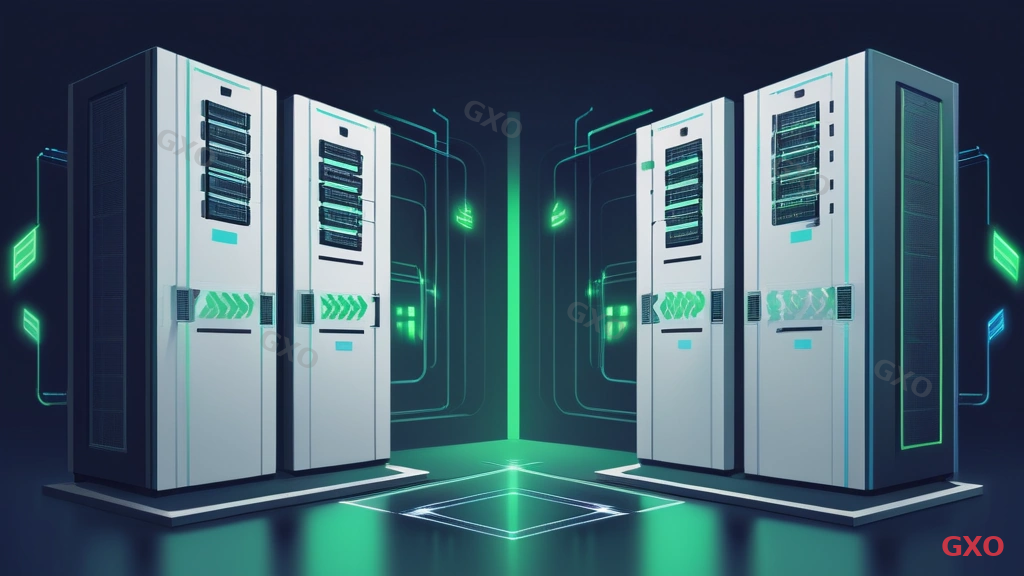 Clean modern illustration showing the concept of server power redundancy design. A central server rack receives power from two independent paths (Path A and Path B), each with its own UPS and power distribution panel. Arrows show power flow from utility grid through dual paths to server. Simple flat design with blue and green color coding for A/B systems. White background, professional technical style.