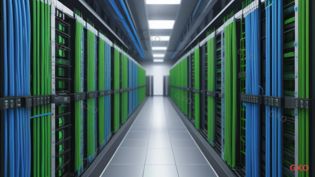 Photo-realistic image of well-organized server rack cable management. Blue cables on the left side (A-system) and green cables on the right side (B-system) are neatly bundled with velcro straps. Clear labels visible on each cable showing rack number and system designation. Cable trays above with separate paths for each system. Professional data center environment with raised floor.