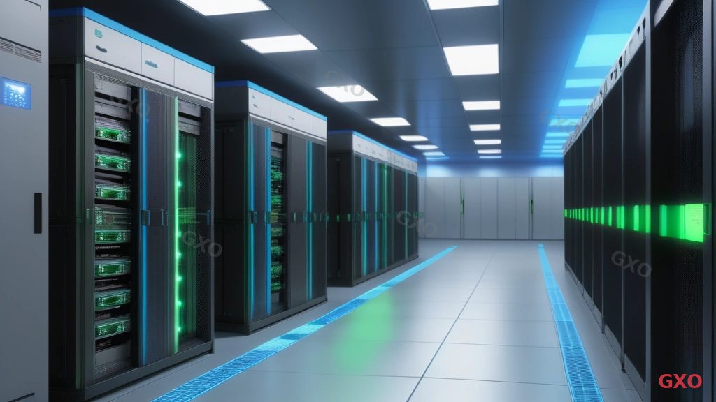 Photo-realistic image of a modern Japanese server room with dual UPS units and redundant power distribution panels. Two separate power feeds (labeled A and B) run through organized cable trays above server racks. LED indicators glow blue and green on rack-mounted PDUs. Clean, well-lit environment with raised floor tiles, cool blue ambient lighting, and professional cable management. Highlighting enterprise-grade power redundancy infrastructure and reliability.