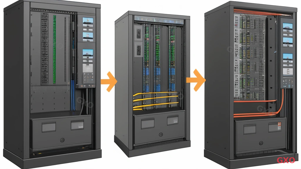 Technical diagram showing PDU types and placement inside a server rack. Three types shown side by side: Basic PDU (simple power strip), Metered PDU (with display showing current/voltage), and Switched PDU (with remote management interface). Below, a rack diagram shows vertical PDU placement on left and right sides for A/B system separation. Clean technical illustration with labeled components.