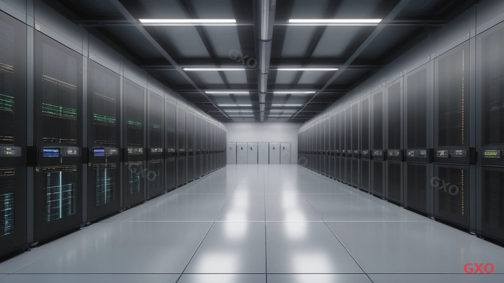 Photo-realistic image of a large-scale data center power room. Multiple large tower UPS units (2N configuration) arranged in rows with clear A-system and B-system labeling. Overhead busbar distribution system visible. Monitoring screens on the wall showing real-time power metrics. Industrial scale environment with concrete floor, high ceiling, and professional lighting. Conveying enterprise-level reliability.