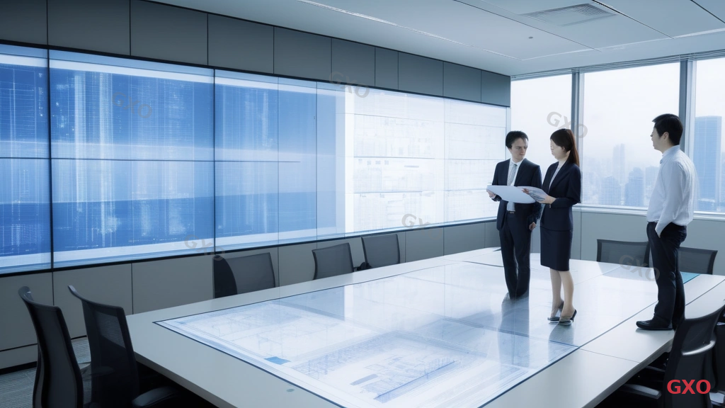 Photo-realistic image of a Japanese IT consulting team (2 people, male and female, ages 35-45, business casual attire) reviewing server room power infrastructure blueprints on a large monitor. The screen shows A/B system power distribution diagrams. Modern Tokyo office meeting room with glass walls and city view. Warm professional lighting, collaborative atmosphere. Highlighting expert infrastructure consulting.