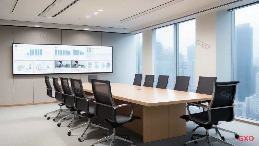 Photo-realistic image of a Japanese business meeting room with 6 people (mixed gender, ages 30-50) engaged in a smooth video conference on a large wall-mounted display. No buffering or lag indicators. Modern office with glass walls and city view. Warm natural lighting highlighting productive collaboration. Emphasizing improved communication quality after 10Gbps upgrade.