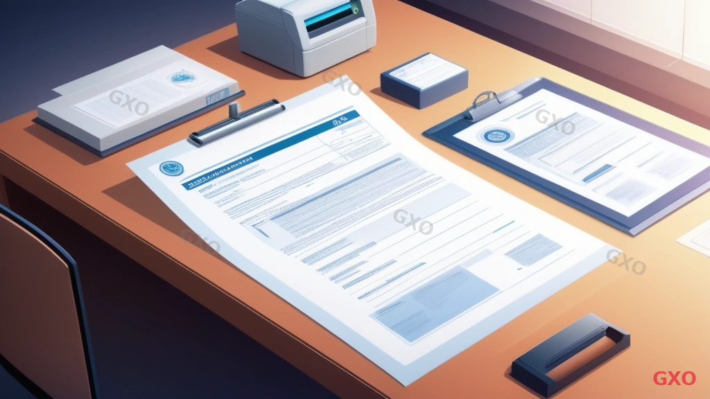 Clean modern illustration showing a document checklist for corporate fiber optic application. Documents displayed as organized paper icons: company registration certificate, identification, seal certificate, company stamp. Japanese office desk setting with neat document arrangement. Professional and organized atmosphere with warm lighting.