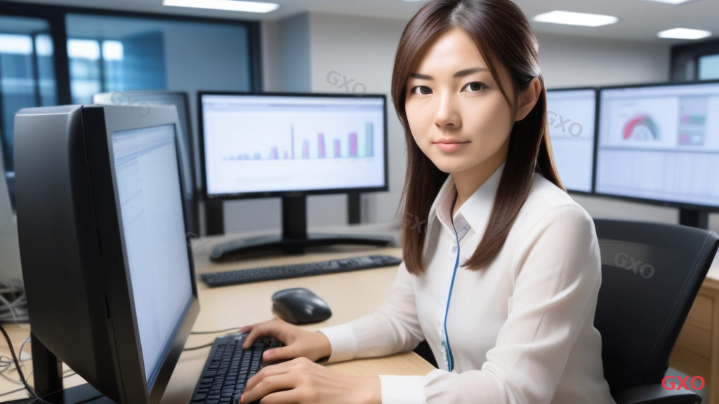 Photo-realistic image of a Japanese IT technician (female, early 30s, wearing smart casual) sitting at a desk with dual monitors. One monitor showing a speed test result with download speed over 5Gbps. LAN cables and network equipment visible in background. Bright office lighting, focused and professional atmosphere. Highlighting successful 10Gbps deployment verification.