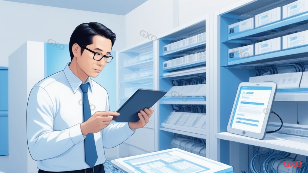 Clean modern illustration of a network preparation checklist for 10Gbps fiber installation. Checklist items shown as cards: existing equipment audit, IPv6 readiness check, bandwidth design, team assignment. Japanese businessman (40s) reviewing checklist on tablet. Light blue and white corporate style, organized and methodical atmosphere.