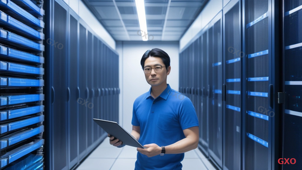 Photo-realistic image of a Japanese IT engineer (male, early 40s, wearing a blue polo shirt) standing in a modern server room with rows of rack-mounted servers. He is holding a tablet showing a migration checklist, examining cable connections. Cool blue LED lighting from server racks, clean and organized environment. Professional atmosphere highlighting careful planning and systematic server migration process.