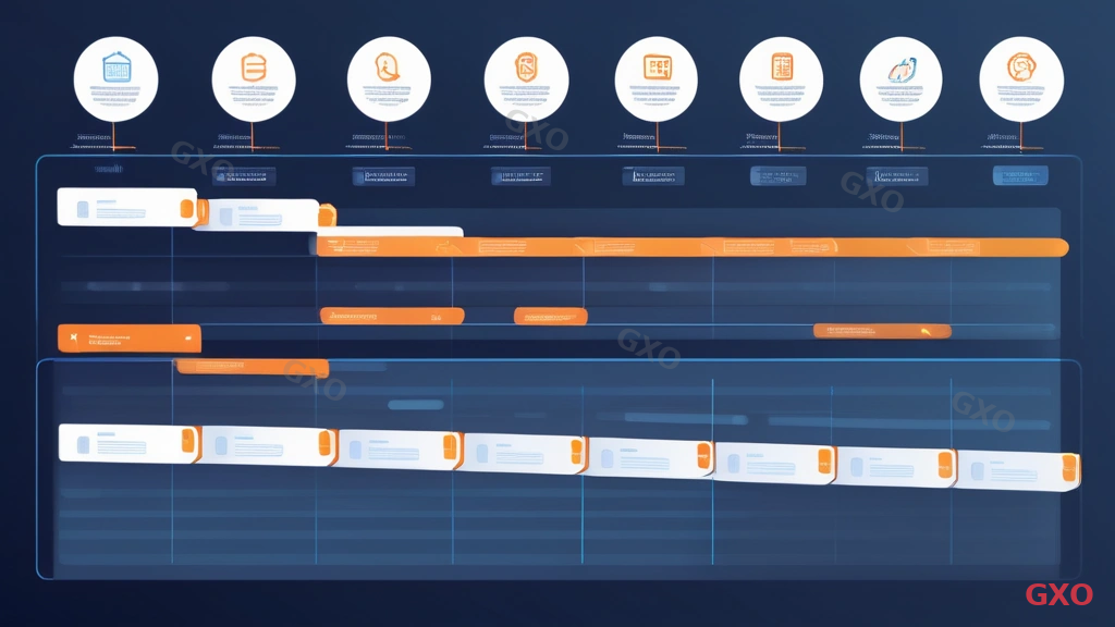 Clean modern illustration of a Gantt chart style project timeline for server migration. Five phases shown horizontally: Planning (2 weeks), Environment Setup (1 week), Data Migration (3 days), Testing (1 week), DNS Switch (1 day). Each phase has assigned team member icons. Calendar showing weekend cutover highlighted in orange. Professional project management visual.