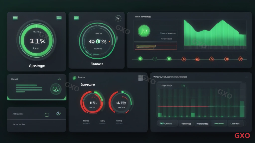 Clean modern illustration showing server monitoring dashboard with three monitoring types: uptime monitoring (green/red status indicators), resource monitoring (CPU, memory, disk usage graphs), and log collection (scrolling log entries). Central dashboard screen with alert notification bell icon. Dark theme monitoring interface with data visualization charts.