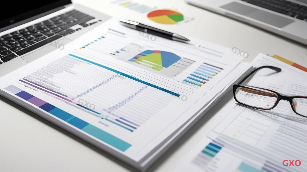 Photo-realistic image of a printed IT investment planning document lying on a clean white desk. The document shows a well-structured table of contents with numbered sections, and an open page displays a budget allocation table with color-coded categories. A pen and reading glasses rest beside the document. A laptop in the background shows a digital version of the same template. Bright, clean office lighting with minimal background clutter. Conveying a professional and practical IT investment planning template ready for use.