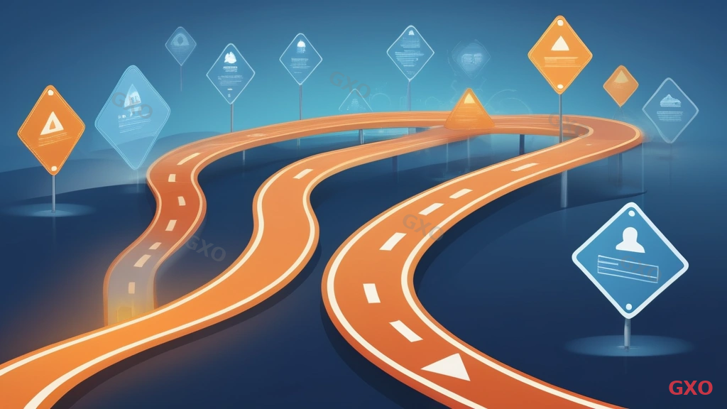 Clean modern illustration showing five common IT investment failure patterns arranged as warning signs along a winding road. Each sign has an icon: 1) foggy target (vague goals), 2) iceberg (hidden costs), 3) broken bridge (ignoring frontline), 4) single vendor lock (over-dependence), 5) calendar with X marks (timeline mismatch). The road leads to a bright destination labeled 'Success' at the end. Warm amber warning colors against a cool blue background, metaphorical and easy-to-understand visual style. Conveying common pitfalls in IT investment planning.