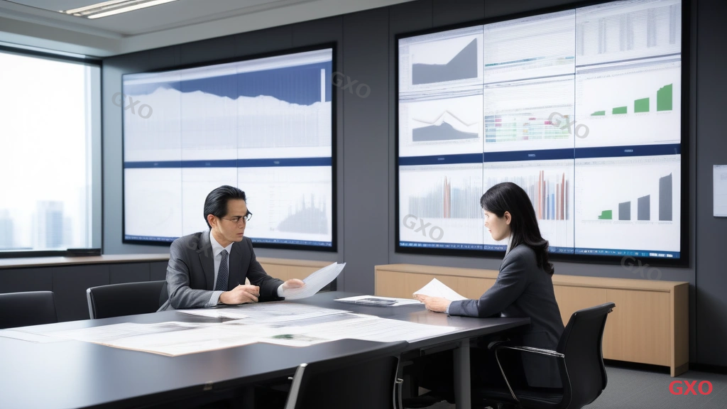 Photo-realistic image of a Japanese business executive (male, early 40s, wearing a charcoal gray suit) and a female IT manager (late 30s, wearing a navy blazer) reviewing IT investment documents together at a large conference table in a modern Tokyo office. A large wall-mounted monitor displays budget allocation charts and timeline roadmaps. Documents and laptops spread on the table. Bright natural lighting from large windows, professional and focused atmosphere. Highlighting strategic IT investment planning and cross-department collaboration in a mid-size Japanese company.