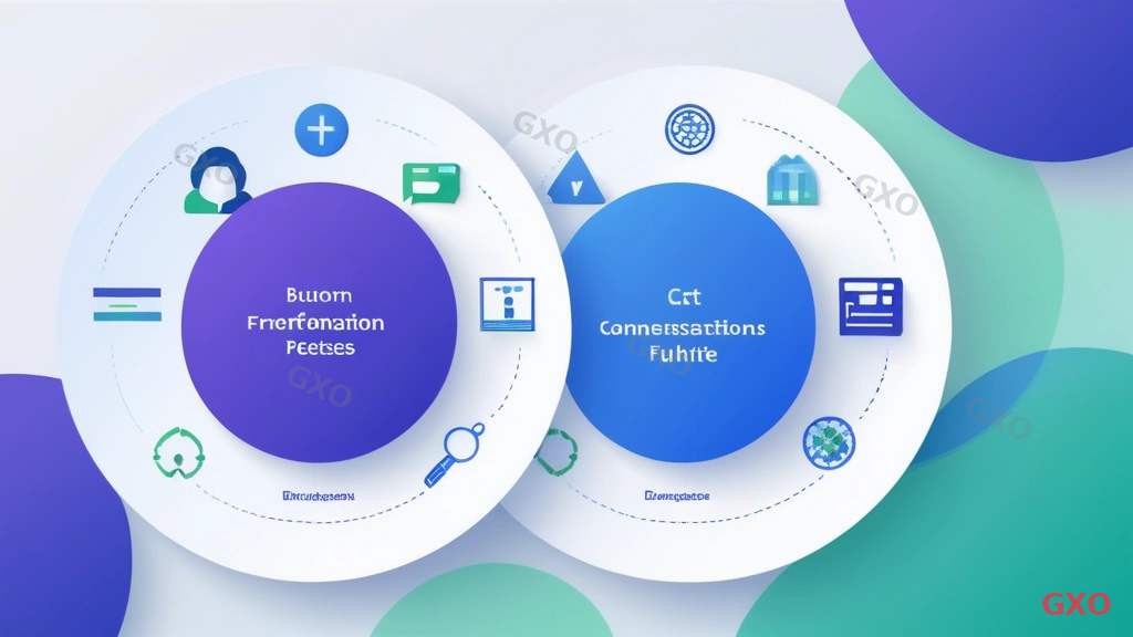 Clean modern illustration showing cross-department collaboration for IT investment planning. Two overlapping circles in a Venn diagram style: left circle (blue) labeled 'IT Department' with server and code icons, right circle (green) labeled 'Management Planning' with strategy and finance icons. The overlapping area (purple) shows shared goals: budget alignment, business impact, and roadmap. Above the diagram, a small team of 4 diverse silhouettes representing the cross-functional team. Light background, professional and collaborative visual style. Conveying the importance of IT and management department alignment.