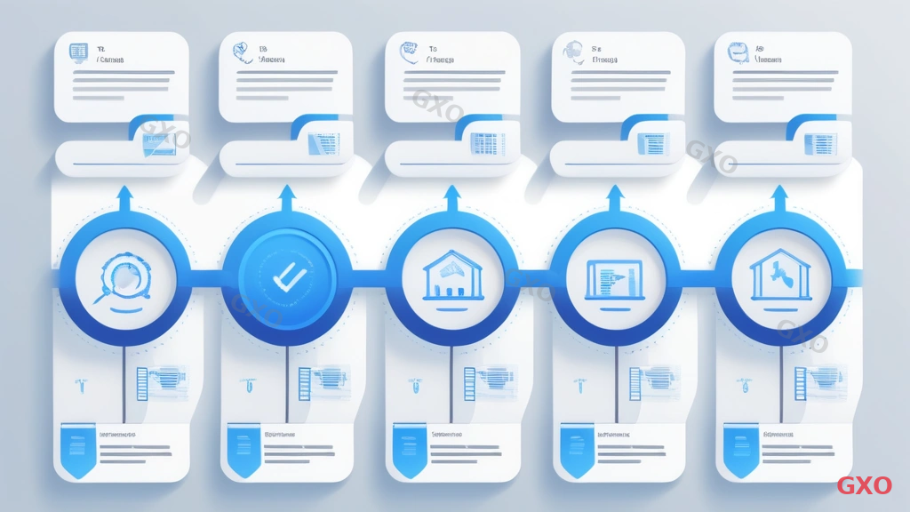 Clean modern illustration of a horizontal 5-step process flow for IT investment planning. Step 1: Current State Analysis (magnifying glass icon), Step 2: Priority Setting (ranking list icon), Step 3: Budget Calculation (calculator icon), Step 4: Approval Process (stamp/seal icon), Step 5: Roadmap Creation (calendar icon). Each step connected by arrows, with a subtle upward trajectory. Light gray background with blue accent colors, professional and easy-to-follow diagram style. Conveying a systematic approach to IT investment planning.