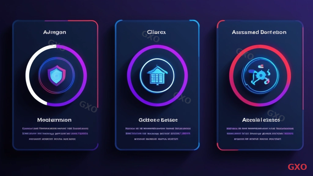 Professional infographic displaying three priority areas for strategic IT investment. Three large circular icons arranged horizontally: left circle (blue) shows 'DX - Business Process Digitalization' with workflow automation icons, center circle (purple) shows 'AI - Intelligent Automation' with brain and data icons, right circle (red) shows 'Security - Cyber Defense' with shield and lock icons. Below each circle, 2-3 bullet points of specific investment items. Dark background with glowing accent colors, modern and impactful data visualization style. Conveying the three key investment areas for mid-size companies in 2025-2026.