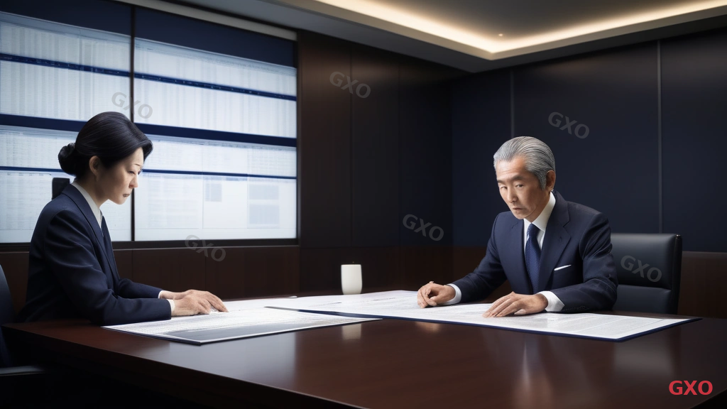 Photo-realistic image of a Japanese senior executive (male, late 50s, wearing a dark navy suit) sitting at the head of a boardroom table, reviewing a printed IT investment proposal. Across the table, an IT department manager (female, early 40s, business formal attire) is presenting slides on a large screen showing cost-benefit analysis charts. Modern Japanese corporate boardroom with dark wood table, leather chairs, and subtle ambient lighting. Professional and formal atmosphere. Conveying the critical moment of IT budget approval in a Japanese mid-size company.