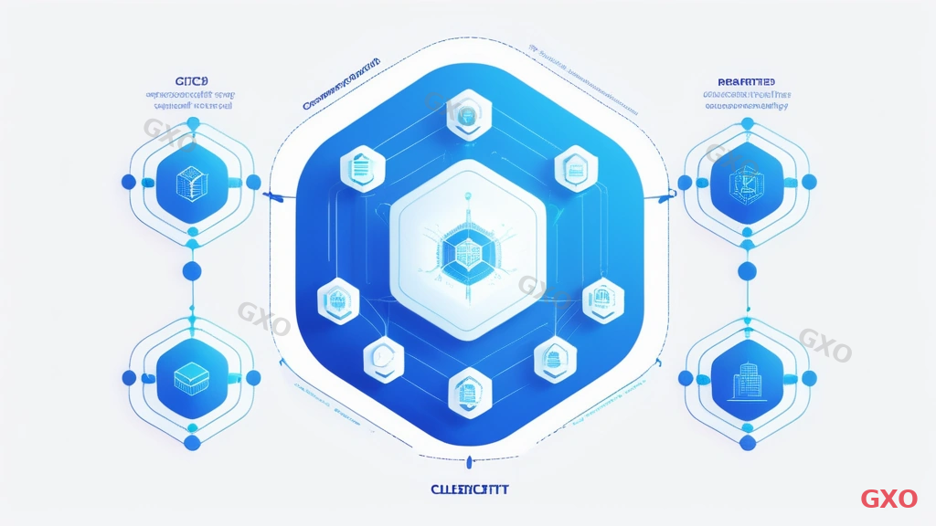 Clean modern illustration showing GXO's IT investment planning support services. A central hexagon labeled 'GXO' surrounded by six connected service areas: Strategy Consulting, System Development, AI Integration, Cybersecurity, Offshore Development (Vietnam), and Post-Launch Support. Each area has a small relevant icon. Lines connecting the hexagons show an integrated service flow. Professional blue and white color scheme with subtle gradient backgrounds. Conveying comprehensive and connected IT support services from a single partner.