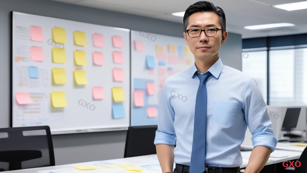 Photo-realistic image of a Japanese IT manager (male, mid-40s, wearing a light blue dress shirt with rolled-up sleeves) standing in front of a large whiteboard covered with sticky notes organized in columns. The sticky notes are color-coded: yellow for business challenges, blue for existing systems, pink for priorities. A laptop on a nearby desk shows a spreadsheet. Modern open-plan office with warm lighting. Conveying hands-on analysis and organization of business challenges for IT planning.