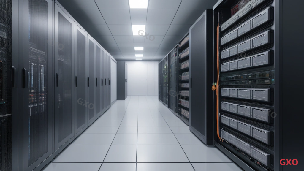 Photo-realistic image of a mid-sized Japanese company's server room: two 42U rack cabinets side by side, half-filled with rack-mount servers, organized cables, a wall-mounted monitoring screen showing system status dashboard. A male IT administrator in his 40s checking the rack with a clipboard. Professional server room with proper lighting, raised floor visible, climate-controlled environment.