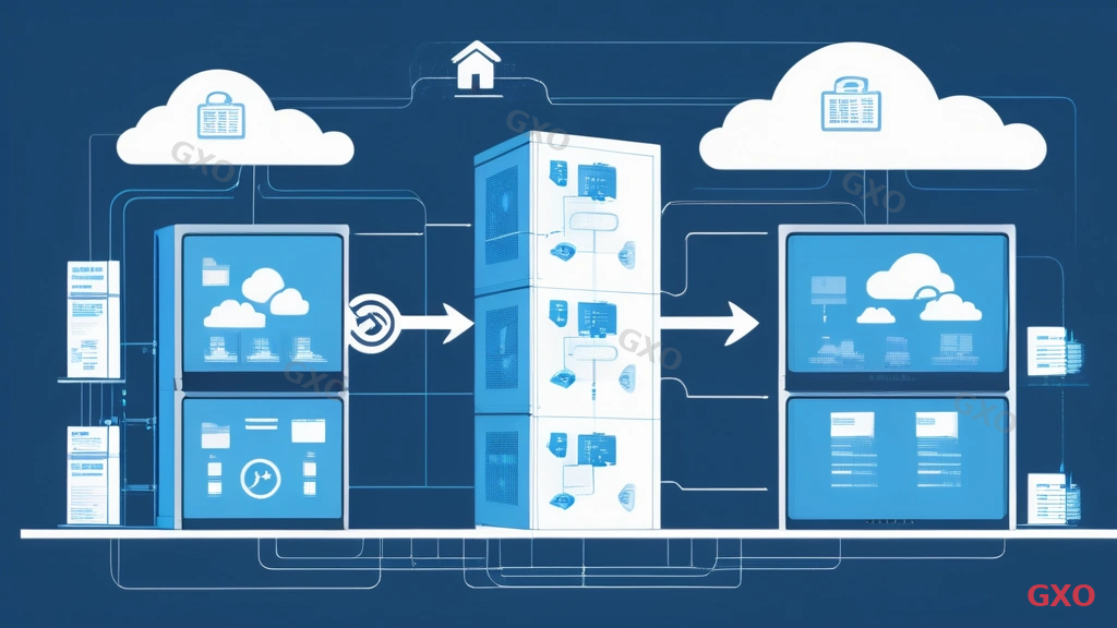 Technical diagram showing hybrid infrastructure architecture: cloud services (represented by cloud icons) connected via secure VPN to on-premises servers (rack-mount and tower). Workload distribution arrows showing which tasks run where: mission-critical on-premises, variable workloads in cloud. Split layout with cloud on top and physical servers below, connected by network lines. Modern technical diagram style, blue and white color scheme.