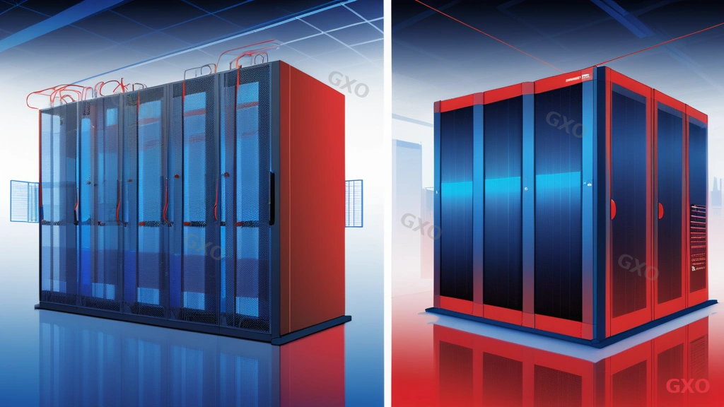 Split illustration comparing cooling and noise: left panel shows rack server airflow diagram with hot aisle/cold aisle separation, temperature gradient overlay in red-to-blue. Right panel shows tower server in office environment with sound wave indicators showing lower noise level. Decibel scale comparison bar at bottom. Technical illustration style, clean lines, educational diagram feel.