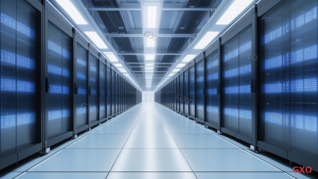 Photo-realistic image of a large-scale Japanese data center: long rows of fully loaded rack cabinets extending into the distance, cold aisle containment with transparent ceiling panels, overhead cable trays, bright white LED ceiling lights reflecting off the raised floor. A monitoring station at the end of the aisle with multiple screens showing real-time metrics. Cool blue tones, professional and high-tech atmosphere, emphasizing scale and precision.