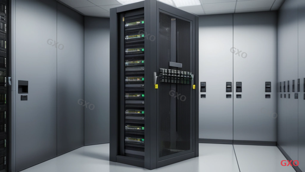 Photo-realistic image of a locked server rack cabinet with a key card access panel, security camera visible in the corner of a dedicated server room. Contrast with a tower server in an open office area with a basic cable lock attached. Split composition showing the security difference between controlled server room and open office placement. Professional lighting, security-focused atmosphere.