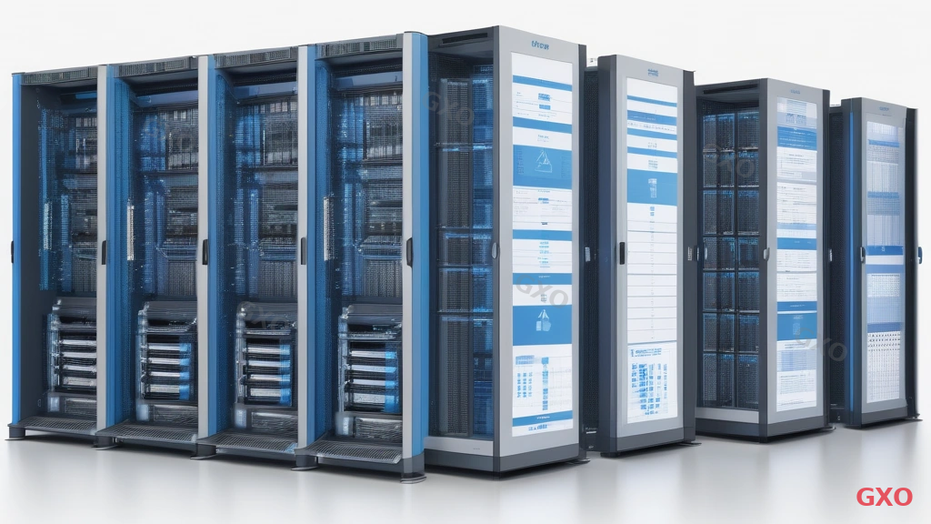 Large professional comparison infographic with a detailed matrix table: rows for installation, cost, scalability, cooling, noise, security, maintenance, virtualization. Columns for rack-mount and tower with visual icons (checkmarks, crosses, triangles) indicating advantage levels. Summary recommendation bar at the bottom showing which type suits which company size. Corporate blue and white design, clean typography, executive summary style.