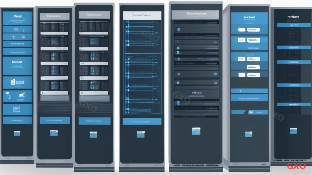 Professional infographic showing four major server vendor categories (without specific company names) arranged in a grid: each section shows both rack-mount and tower product line icons with feature highlights like management software, support coverage, and price range positioning. Neutral corporate design, no specific logos, blue and gray color scheme, comparison matrix style.