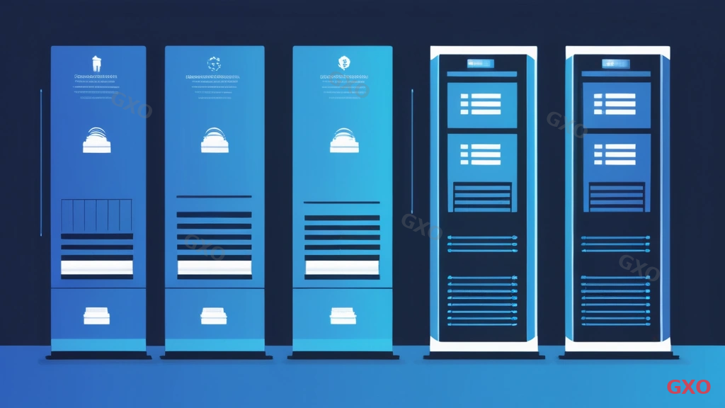 Professional infographic displaying three server form factors in a horizontal layout: tower server on the left, rack-mount server in the center, and blade server on the right. Each has an icon illustration and key specs listed below. Arrows show scalability progression from small to large. Clean corporate design with blue gradient background, white text, modern sans-serif font.