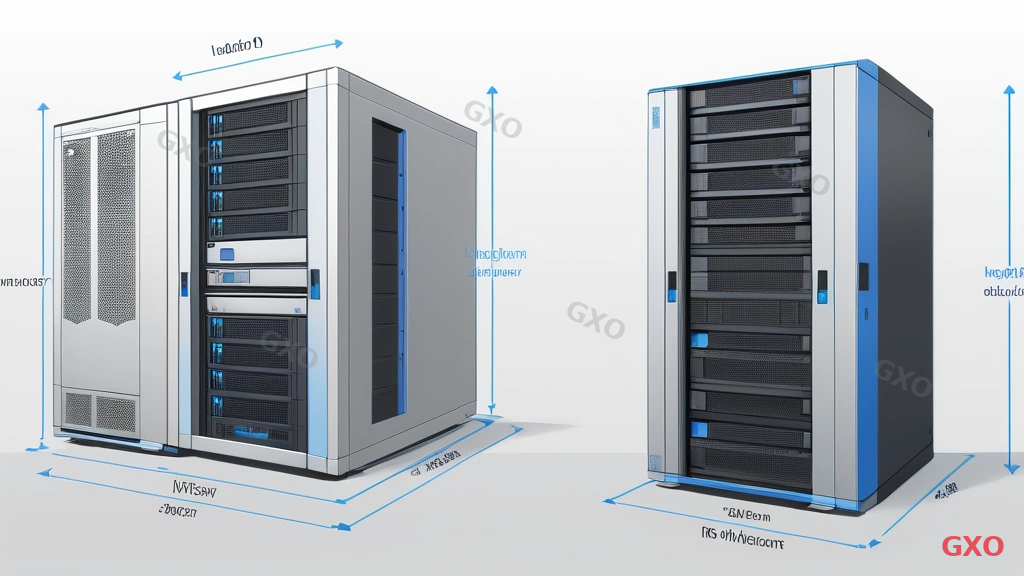 Clean modern illustration showing side-by-side comparison of rack-mount server (flat 1U/2U form factor in a 19-inch rack) and tower server (vertical desktop-like chassis). Labeled diagram with Japanese annotations pointing to key structural differences: height units, ventilation direction, drive bays. White background, minimal flat design, blue and gray color scheme, technical blueprint style.
