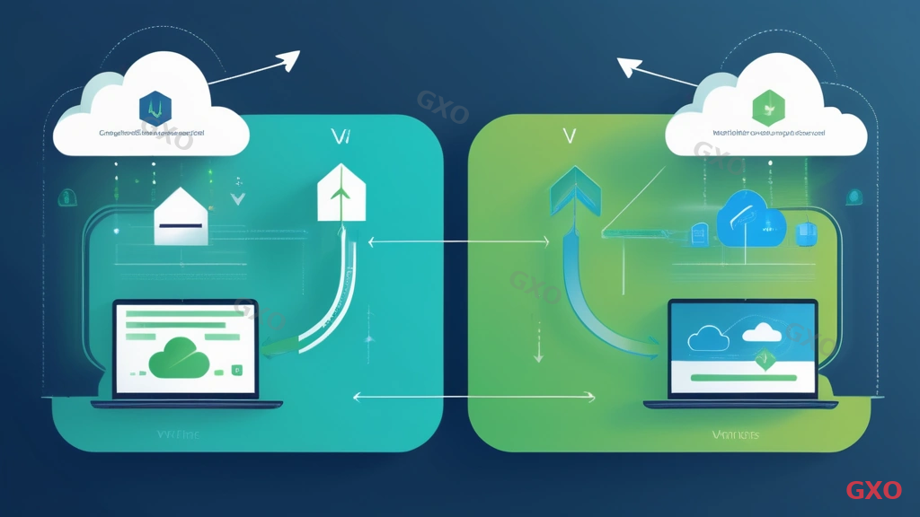 Clean modern illustration showing the concept of VM migration with two parallel paths: V2V (virtual to virtual) depicted as cloud-to-cloud arrow, and P2V (physical to virtual) depicted as server-rack-to-cloud arrow. Minimalist design with blue and green color scheme, clear labels and icons for each migration type. Professional infographic style.