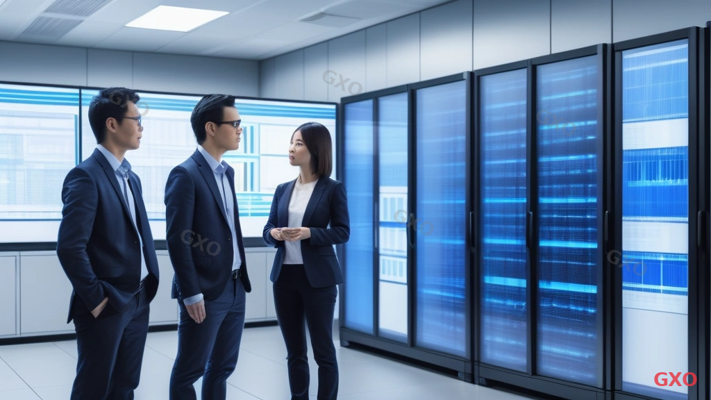 Photo-realistic image of a Japanese IT infrastructure team (3 people, mixed gender, ages 35-50) in a modern server room with rows of rack-mounted servers. Team leader (male, wearing business casual) pointing at a monitoring dashboard on a large screen showing virtual machine migration progress bars. Cool blue LED lighting from server racks, professional and technical atmosphere. Highlighting enterprise VM migration planning and teamwork.