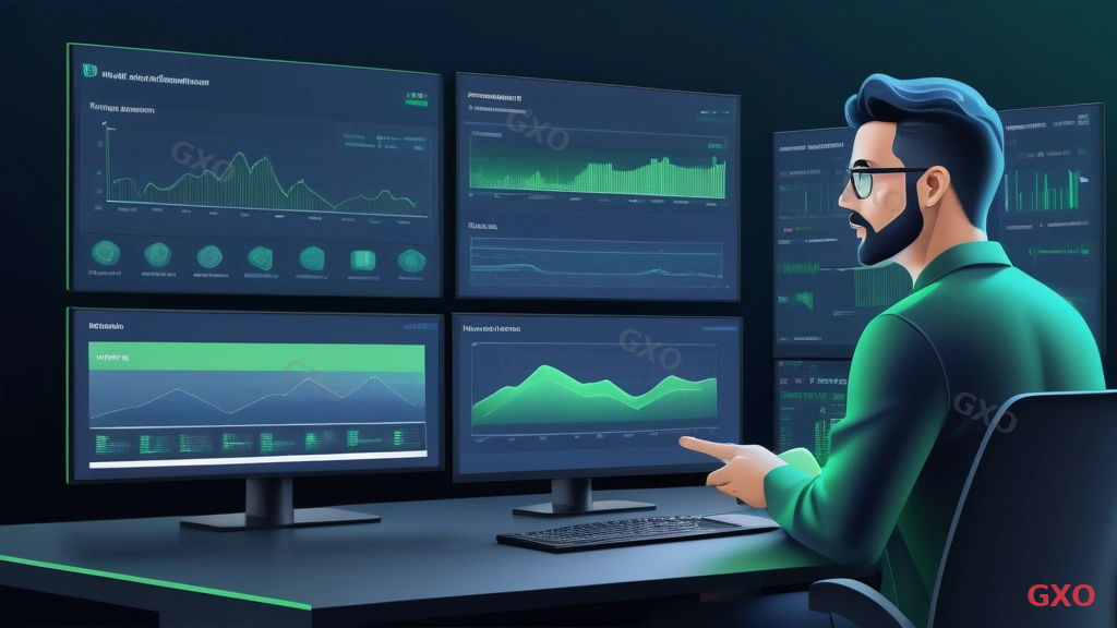 Clean modern illustration of post-migration monitoring dashboard showing CPU utilization graphs, memory usage charts, network throughput metrics, and alert notifications. Split screen with monitoring dashboard on left and IT engineer reviewing data on right. Blue and green data visualization colors on dark dashboard background.