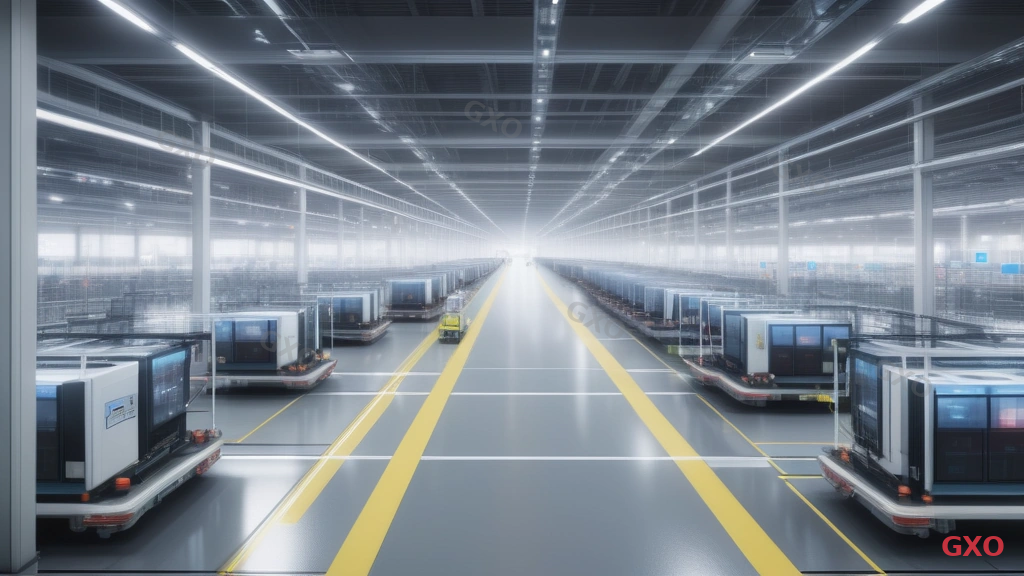Photo-realistic image of a modern Japanese factory floor with visible network infrastructure. Ethernet cables running along ceiling trays, industrial wireless access points mounted on steel beams. Automated guided vehicles (AGVs) moving between stations. Workers using tablets connected to factory network. Bright industrial lighting with clean organized environment. Highlighting successful network modernization in manufacturing setting.