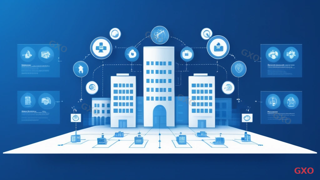 Professional business illustration showing GXO company's network renewal support service overview. Three-phase service flow: assessment and planning, implementation and migration, post-migration support. Each phase with representative icons. Company building silhouette with technology elements. Trustworthy corporate blue and white color scheme with subtle accent of company brand. Clean consulting firm presentation style.