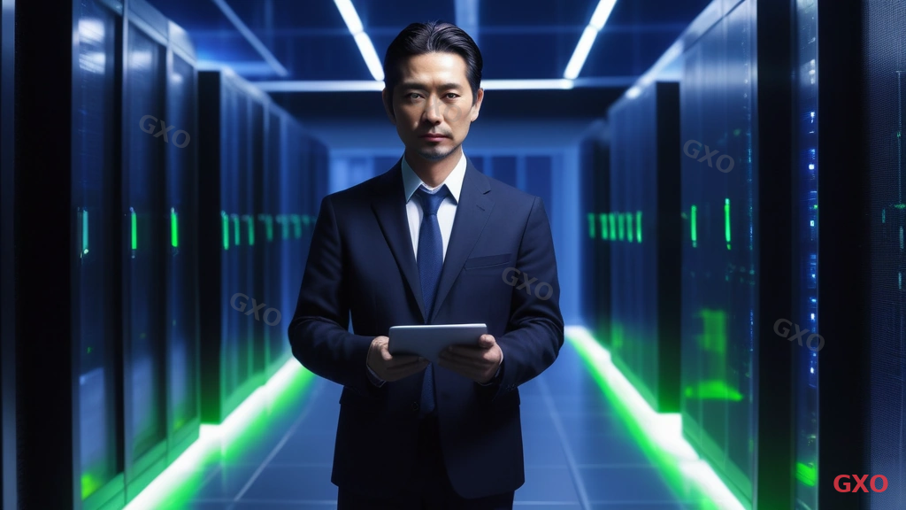 Photo-realistic image of a Japanese IT manager (male, early 40s, wearing a dark navy suit with no tie) standing in a modern server room, examining network equipment rack with a tablet in hand. LED status lights glowing blue and green on switches and routers. Clean cable management visible. Cool blue lighting atmosphere with professional and focused mood. Highlighting the critical inspection phase of network infrastructure renewal.
