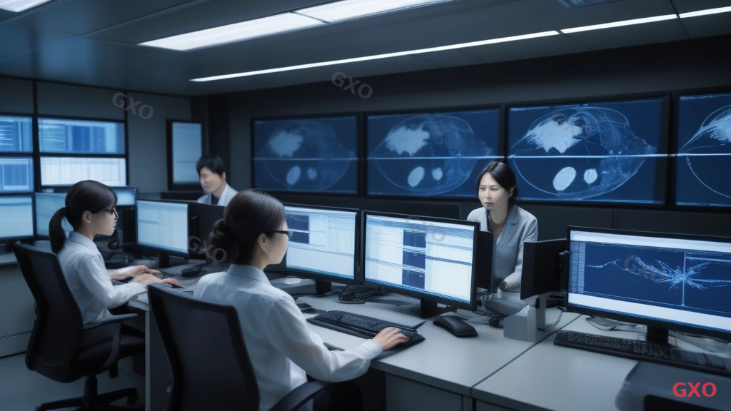 Photo-realistic image of a Japanese IT operations team (4 people, mixed gender, ages 30-50) working in a network operations center during migration night. Multiple monitors showing network topology and status dashboards. Team leader coordinating via headset. Printed procedure checklist on desk. Dimmed overhead lighting with bright screen glow. Focused and professional atmosphere. Highlighting coordinated teamwork during critical infrastructure migration.