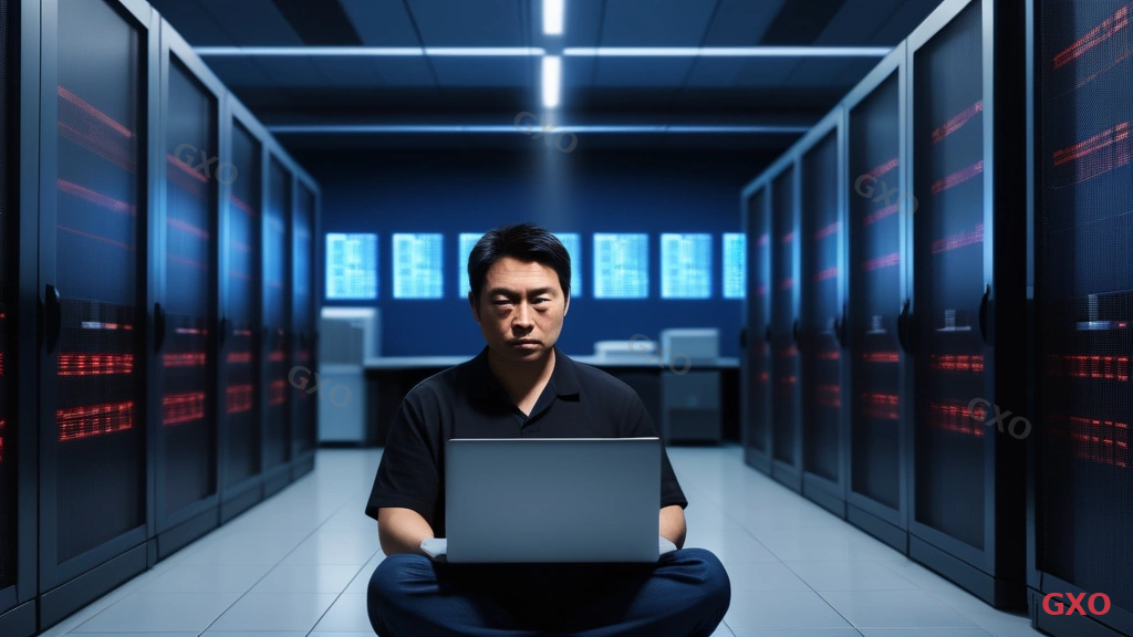 サーバー移行の失敗原因と対策を解説するメインイメージ Photo-realistic image of a Japanese IT engineer in his 40s, wearing a dark polo shirt, sitting in a modern server room with multiple server racks visible in the background. He is looking at a laptop screen showing error logs and migration progress bars with red warning icons. Blue LED lights from servers illuminate the dim room. The atmosphere conveys urgency and careful problem-solving during a critical server migration process. Cool blue and warm amber tones create dramatic contrast.